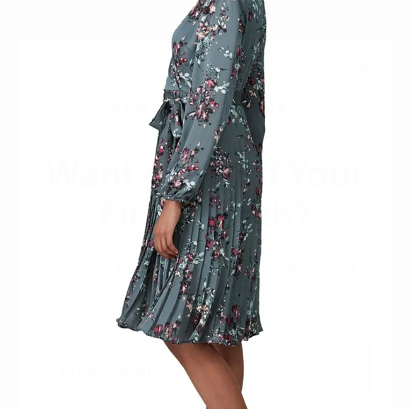 Adrianna Papell Teal Mauve Floral Printed Crinkle Long Sleeve Wrap Dress Size 4 - Picture 3 of 14